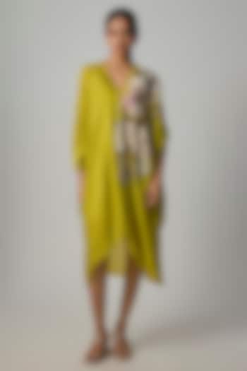 Green Crepe Chiffon Embroidered Draped Midi Tunic by Half Full Curve at Pernia's Pop Up Shop