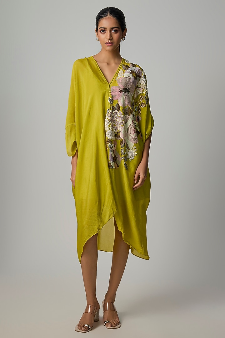 Green Crepe Chiffon Embroidered Draped Midi Tunic by Half Full Curve at Pernia's Pop Up Shop