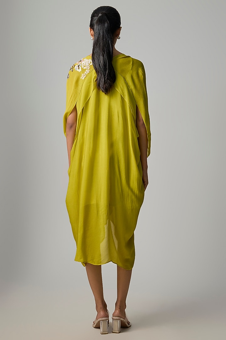 Green Crepe Chiffon Embroidered Draped Midi Tunic by Half Full Curve at Pernia's Pop Up Shop