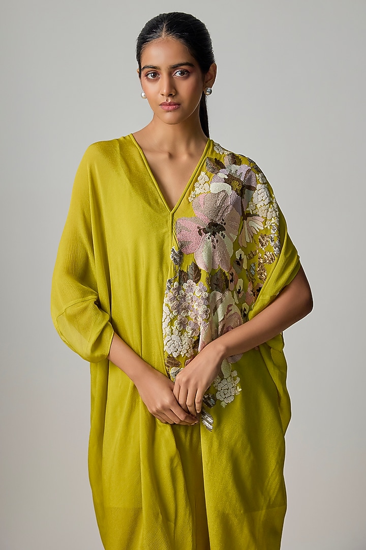 Green Crepe Chiffon Embroidered Draped Midi Tunic by Half Full Curve at Pernia's Pop Up Shop