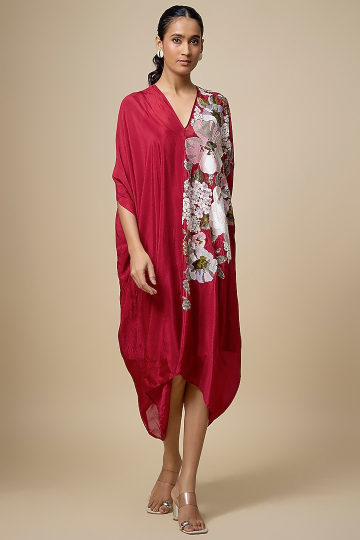 Red Crepe Chiffon Hand Embroidered Draped Midi Vacation Dress by Half Full Curve at Pernia's Pop Up Shop