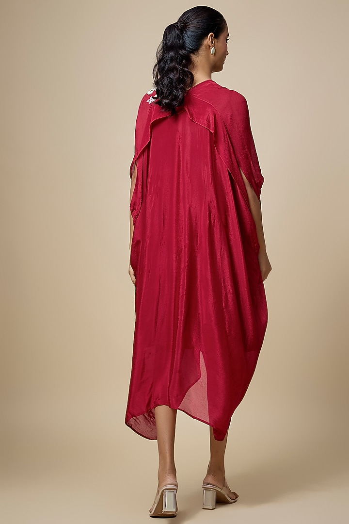 Red Crepe Chiffon Hand Embroidered Draped Midi Vacation Dress by Half Full Curve at Pernia's Pop Up Shop