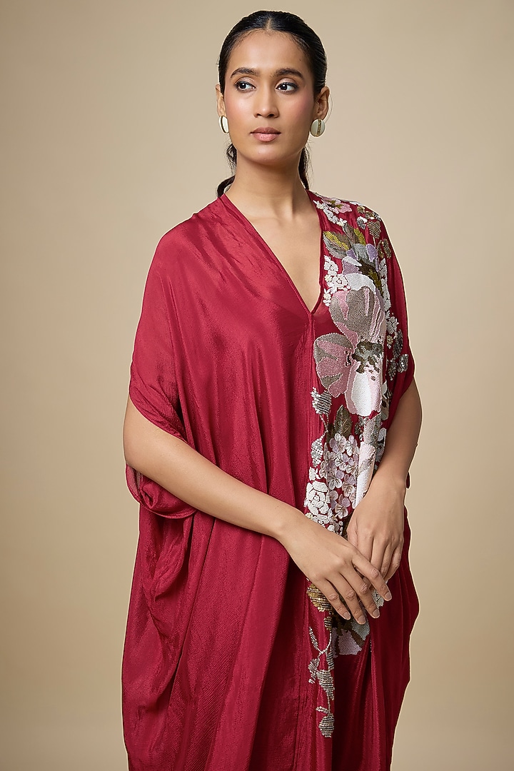 Red Crepe Chiffon Hand Embroidered Draped Midi Vacation Dress by Half Full Curve at Pernia's Pop Up Shop