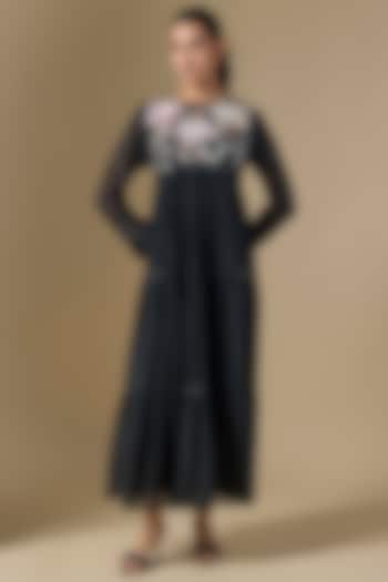 Black Fine Chanderi Hand Embroidered Tiered Vacation Dress by Half Full Curve at Pernia's Pop Up Shop