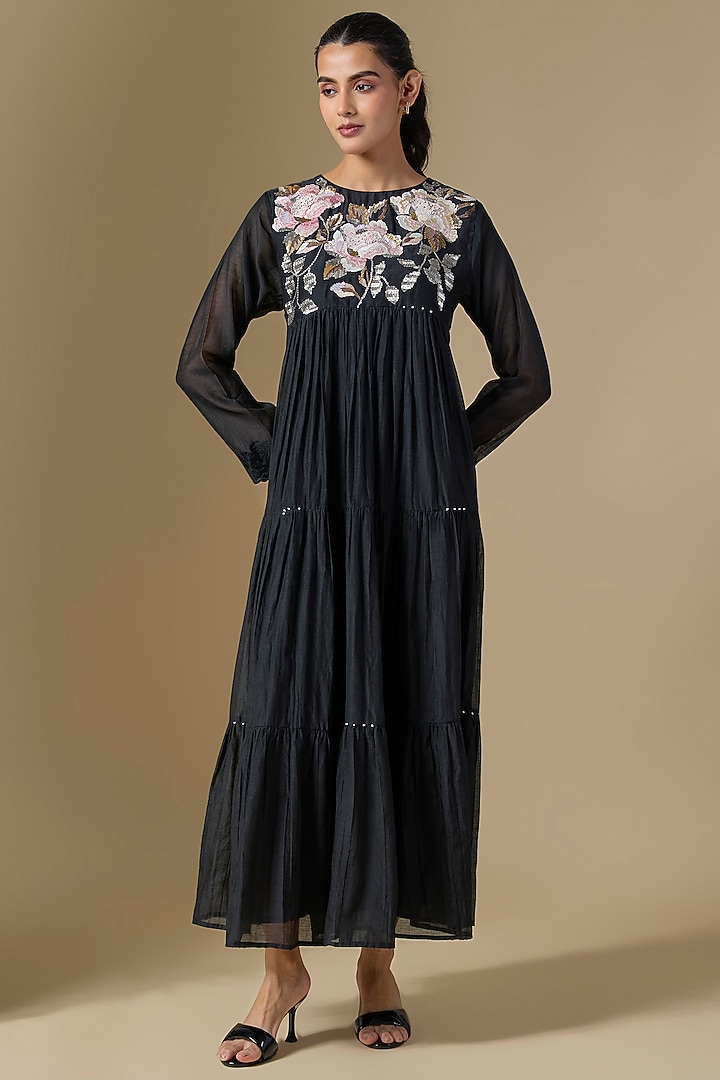Black Fine Chanderi Hand Embroidered Tiered Vacation Dress by Half Full Curve at Pernia's Pop Up Shop