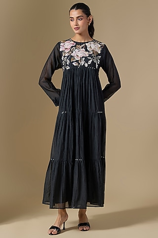 Black Fine Chanderi Hand Embroidered Tiered Dress by Half Full Curve