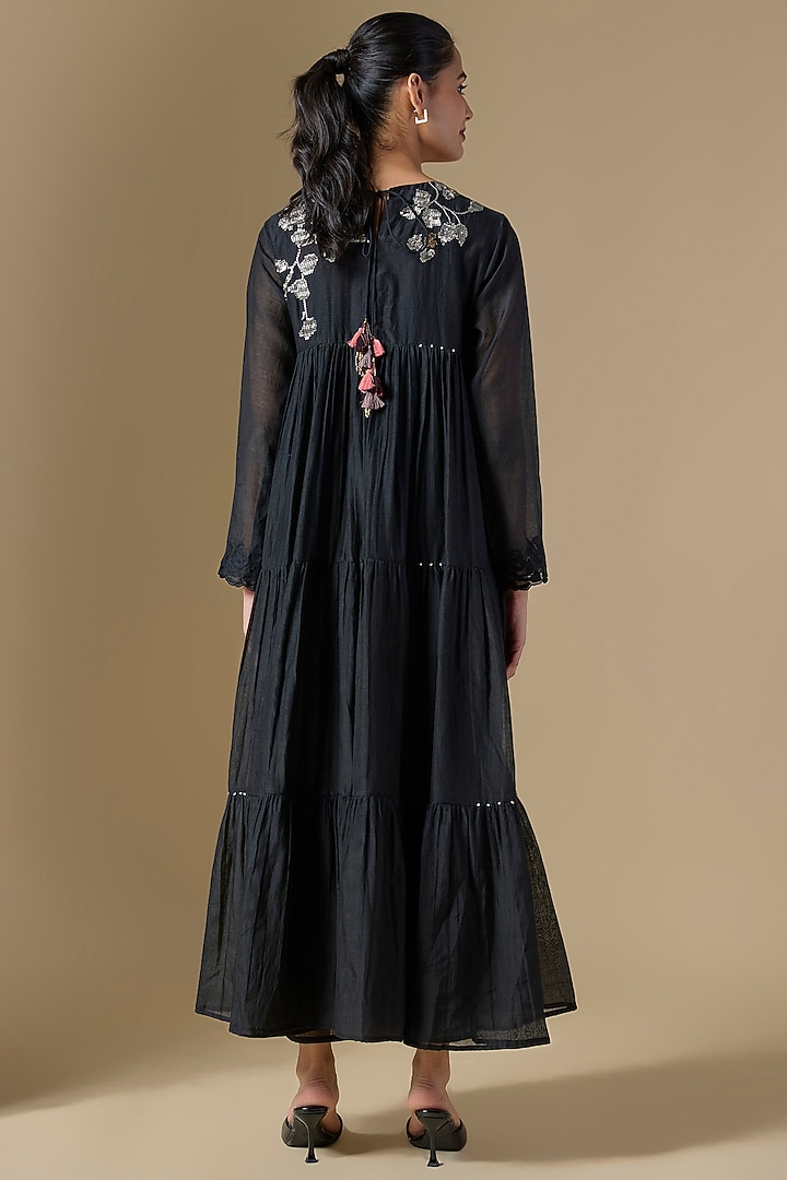 Black Fine Chanderi Hand Embroidered Tiered Vacation Dress by Half Full Curve at Pernia's Pop Up Shop