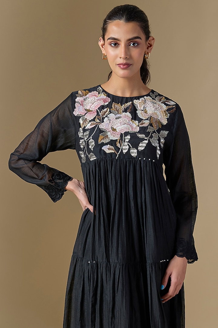 Black Fine Chanderi Hand Embroidered Tiered Vacation Dress by Half Full Curve at Pernia's Pop Up Shop