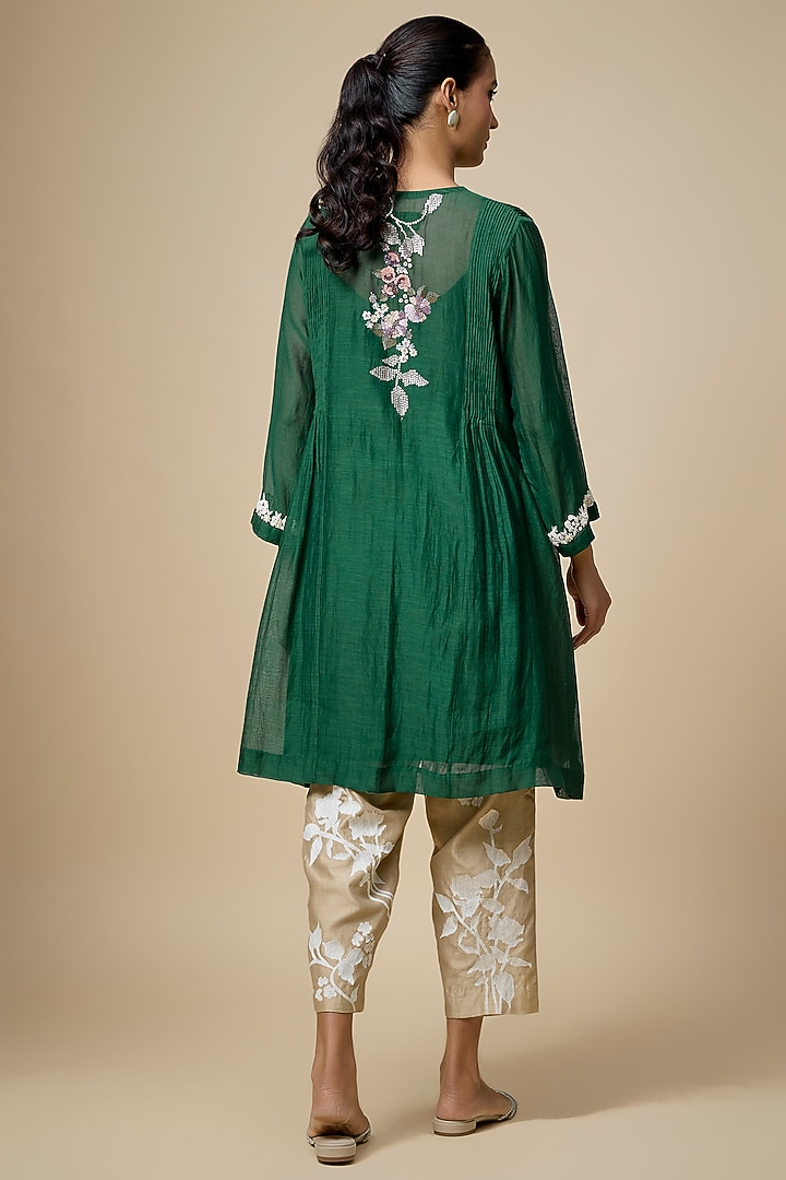 Green Fine Chanderi Hand Embroidered Kurta Set by Half Full Curve at Pernia's Pop Up Shop