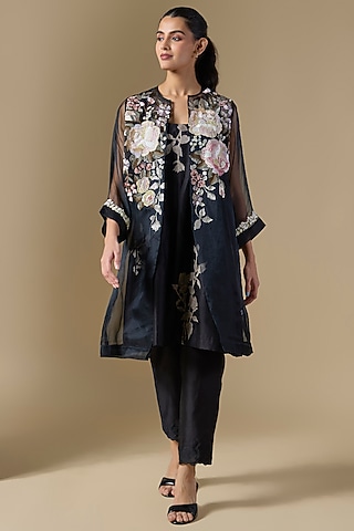 Black Chanderi & Organza Hand Embroidered Jacket Kurta Set by Half Full Curve