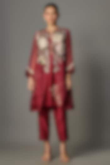 Red Chanderi Embroidered Jacket Set by Half Full Curve at Pernia's Pop Up Shop