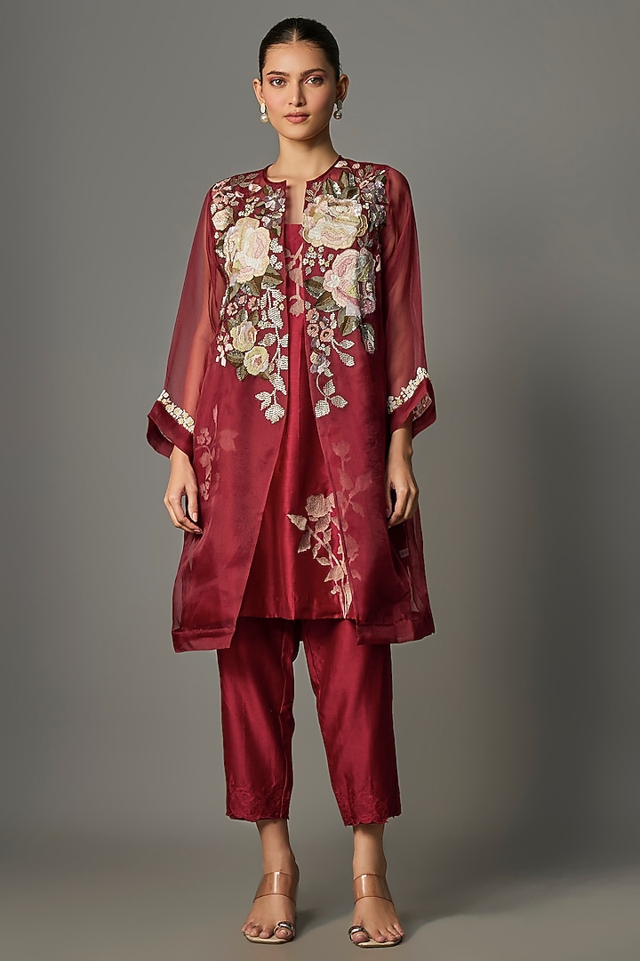 Red Chanderi Embroidered Jacket Set by Half Full Curve at Pernia's Pop Up Shop