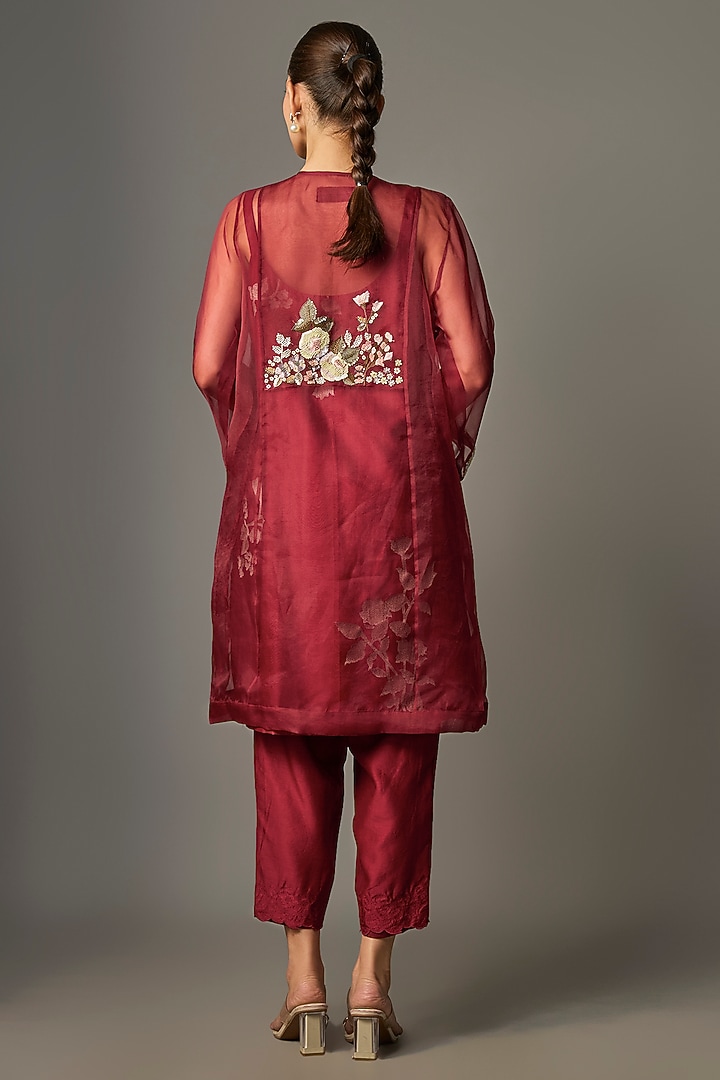 Red Chanderi Embroidered Jacket Set by Half Full Curve at Pernia's Pop Up Shop