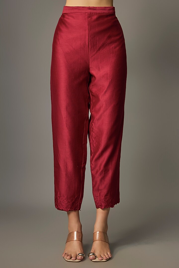 Red Chanderi Embroidered Jacket Set by Half Full Curve at Pernia's Pop Up Shop