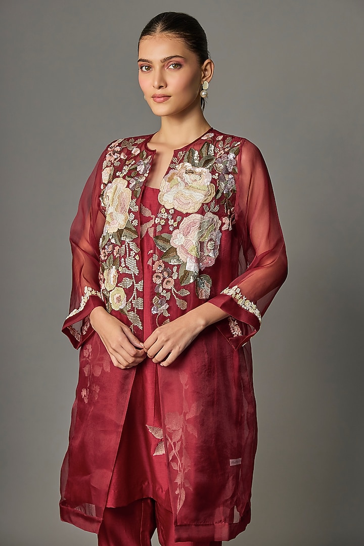 Red Chanderi Embroidered Jacket Set by Half Full Curve at Pernia's Pop Up Shop