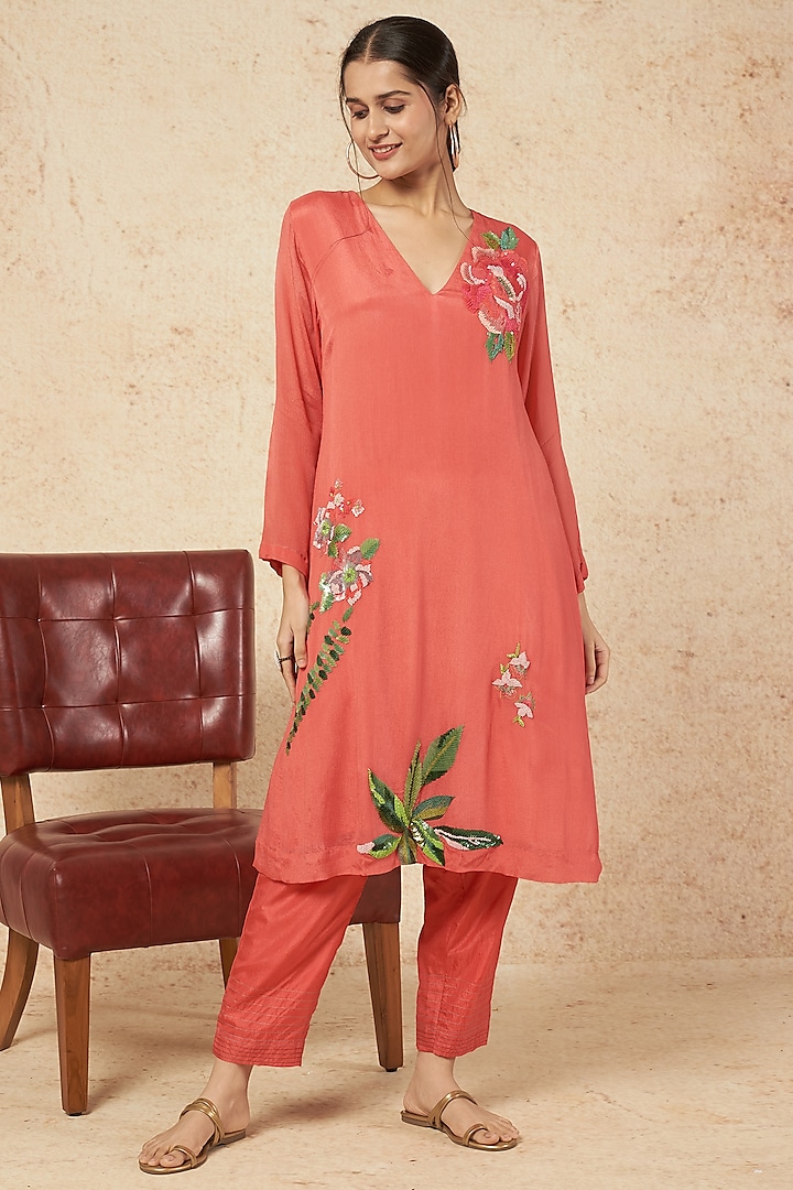 Pink Embroidered Kurta Set by Half Full Curve