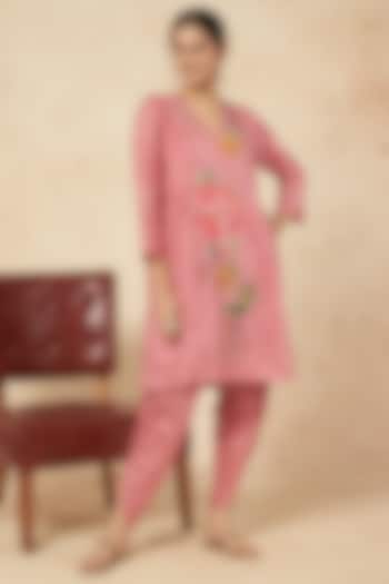 Blush Pink Embroidered Kurta Set by Half Full Curve