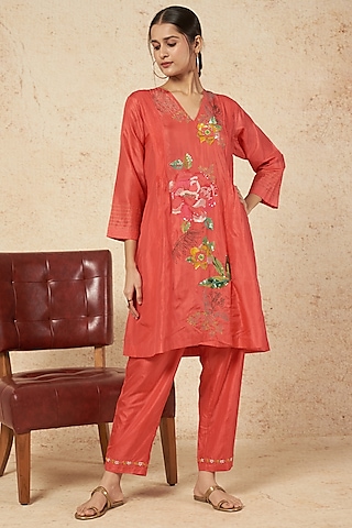 Pink Floral Embroidered Kurta Set by Half Full Curve