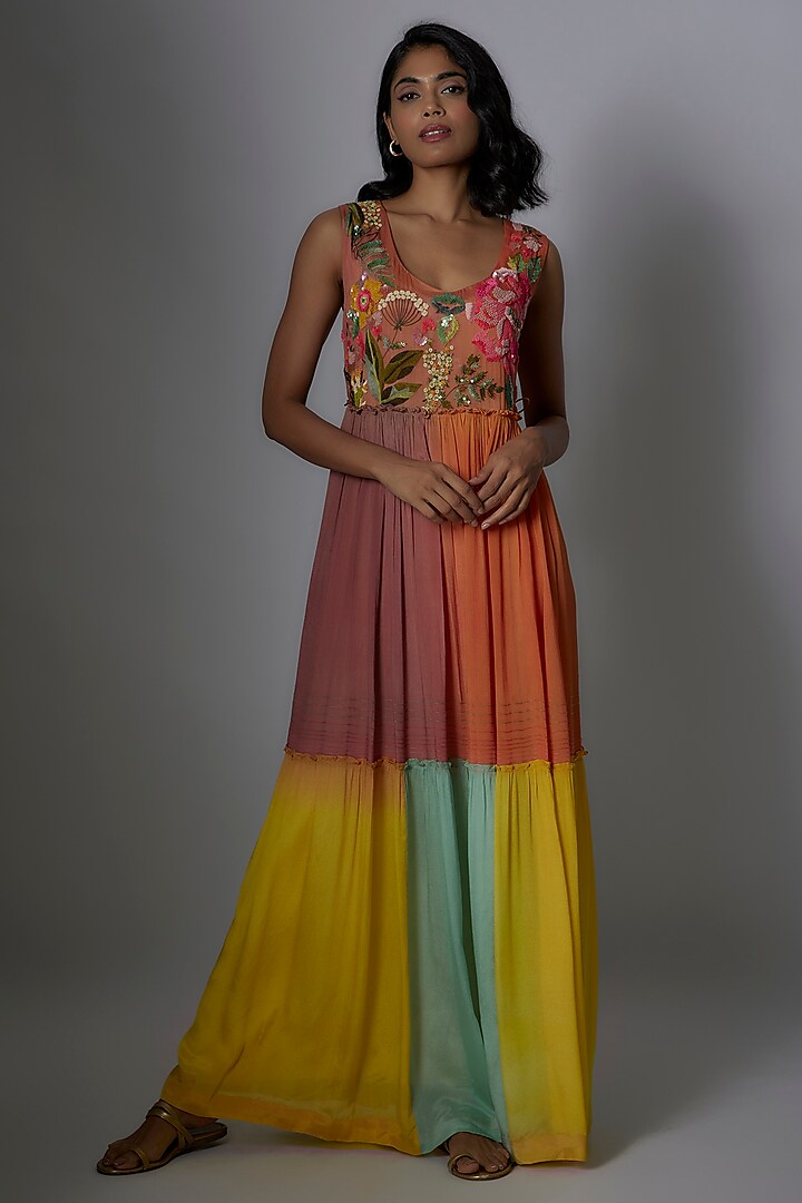 Multi-Colored Crepe Chiffon Hand Embroidered Maxi Dress by Half Full Curve