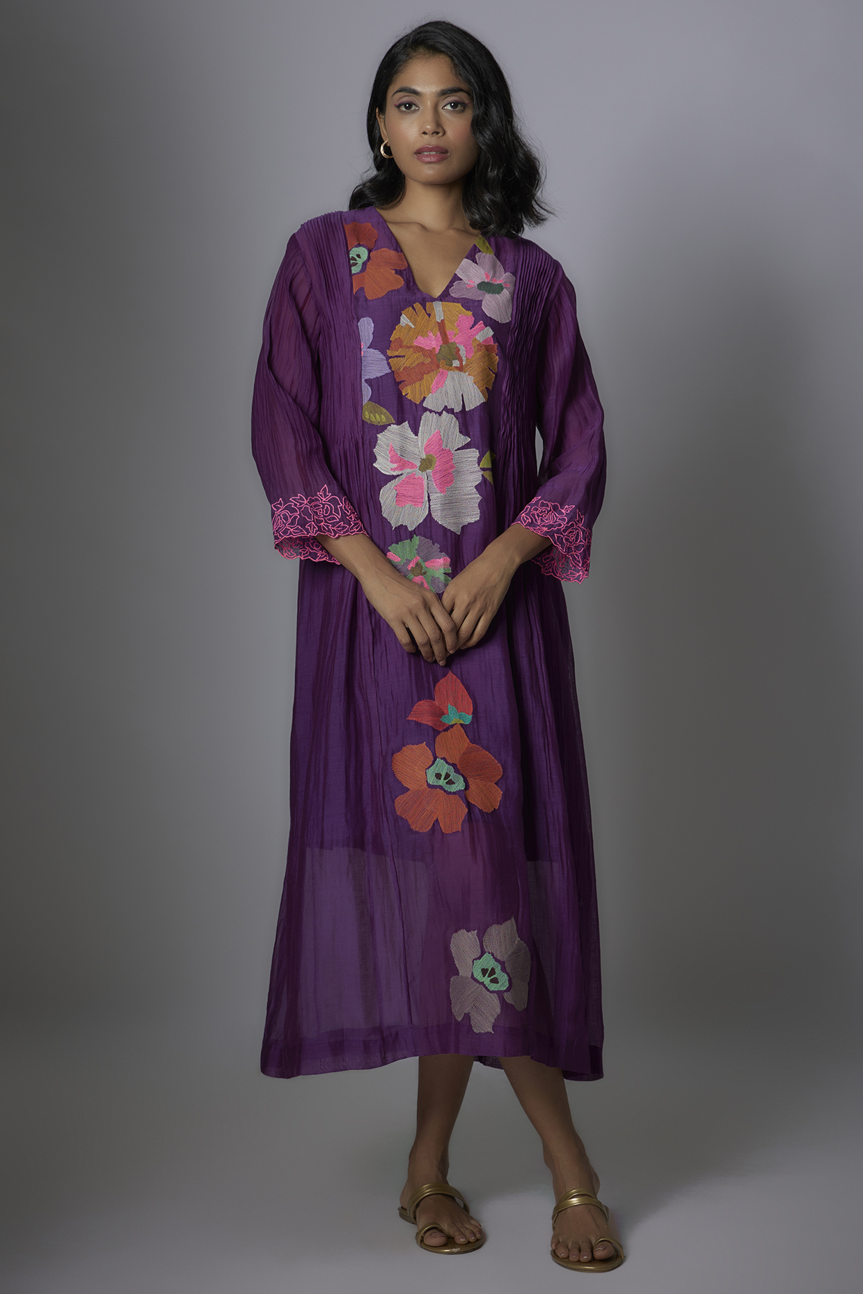 Purple Fine Chanderi Hand & Machine Embroidered Kurta by Half Full Curve at Pernia's Pop Up Shop
