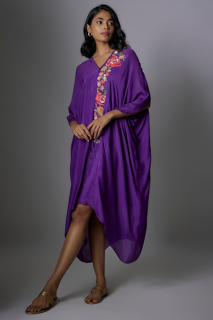 Purple Crepe Chiffon Hand Embroidered Kaftan by Half Full Curve at Pernia's Pop Up Shop