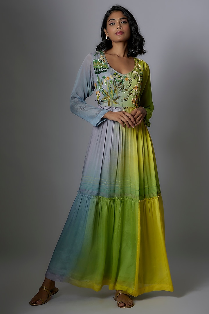 Green Crepe Chiffon Hand Embroidered Maxi Dress by Half Full Curve