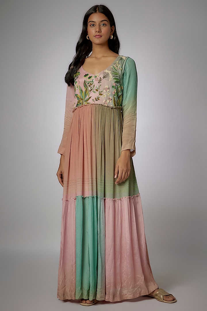 Pink Crepe Chiffon Hand Embroidered Maxi Dress by Half Full Curve