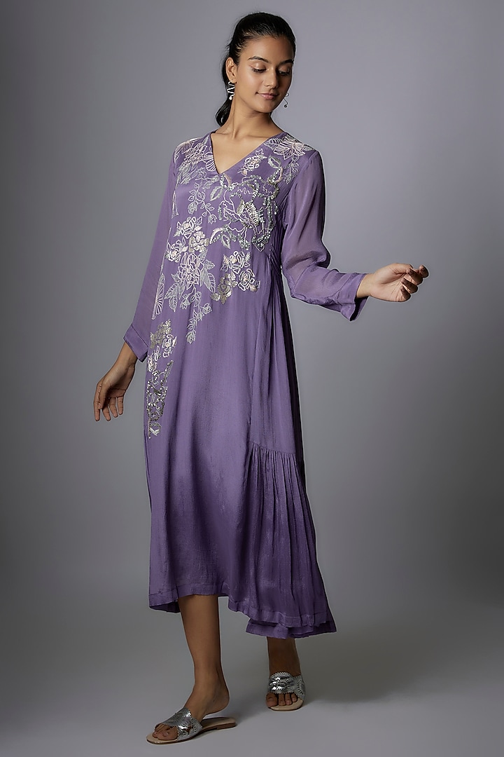 Purple Crepe Chiffon Hand Embroidered Dress by Half Full Curve