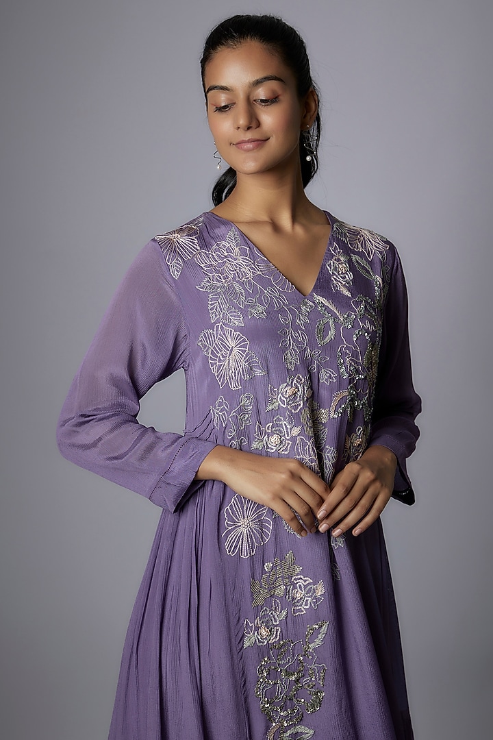 Purple Crepe Chiffon Hand Embroidered Vacation Dress by Half Full Curve at Pernia's Pop Up Shop