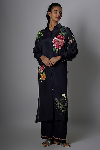 Black Crepe Chiffon Hand Embroidered Kurta Set by Half Full Curve