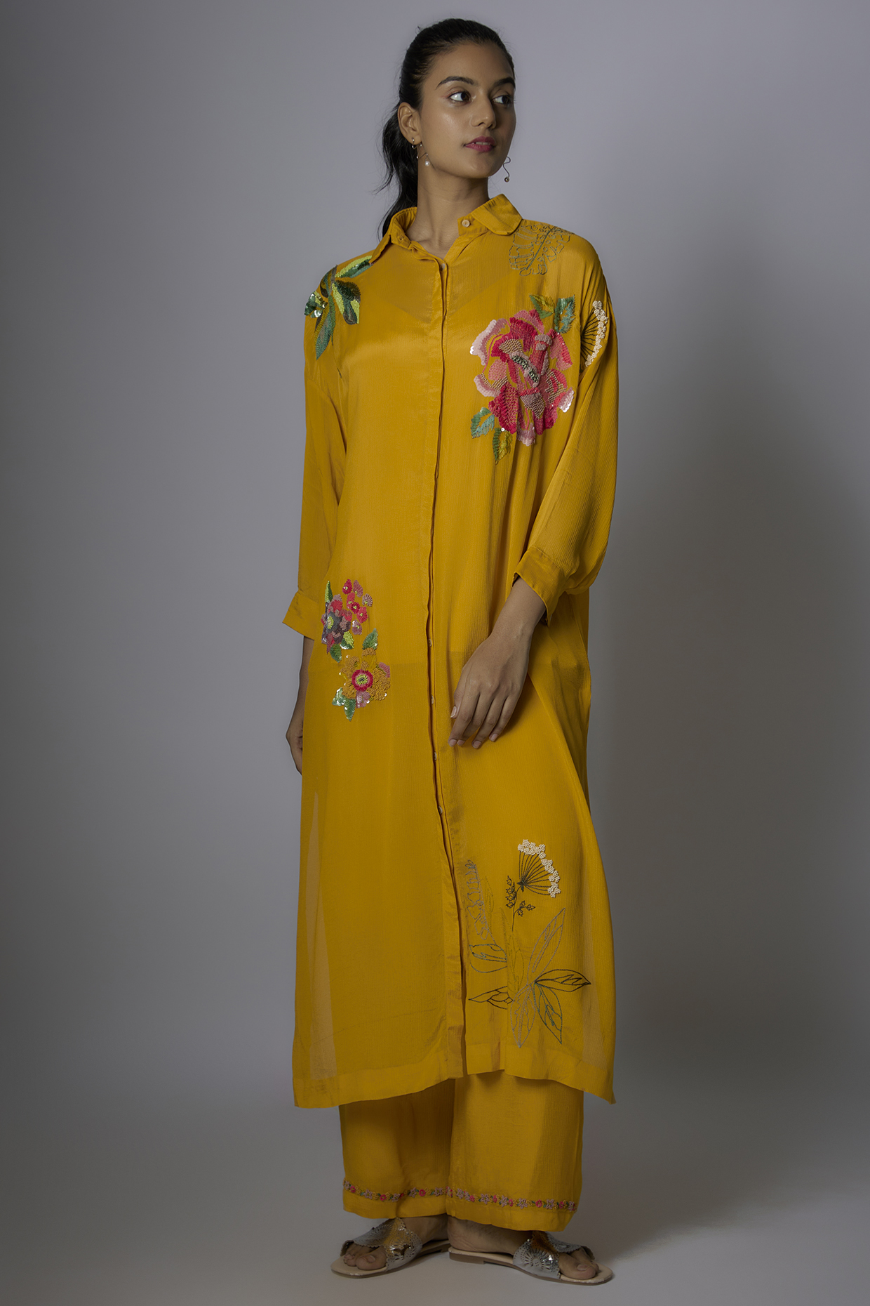 Yellow Crepe Chiffon Hand Embroidered Kurta Set by Half Full Curve at Pernia's Pop Up Shop