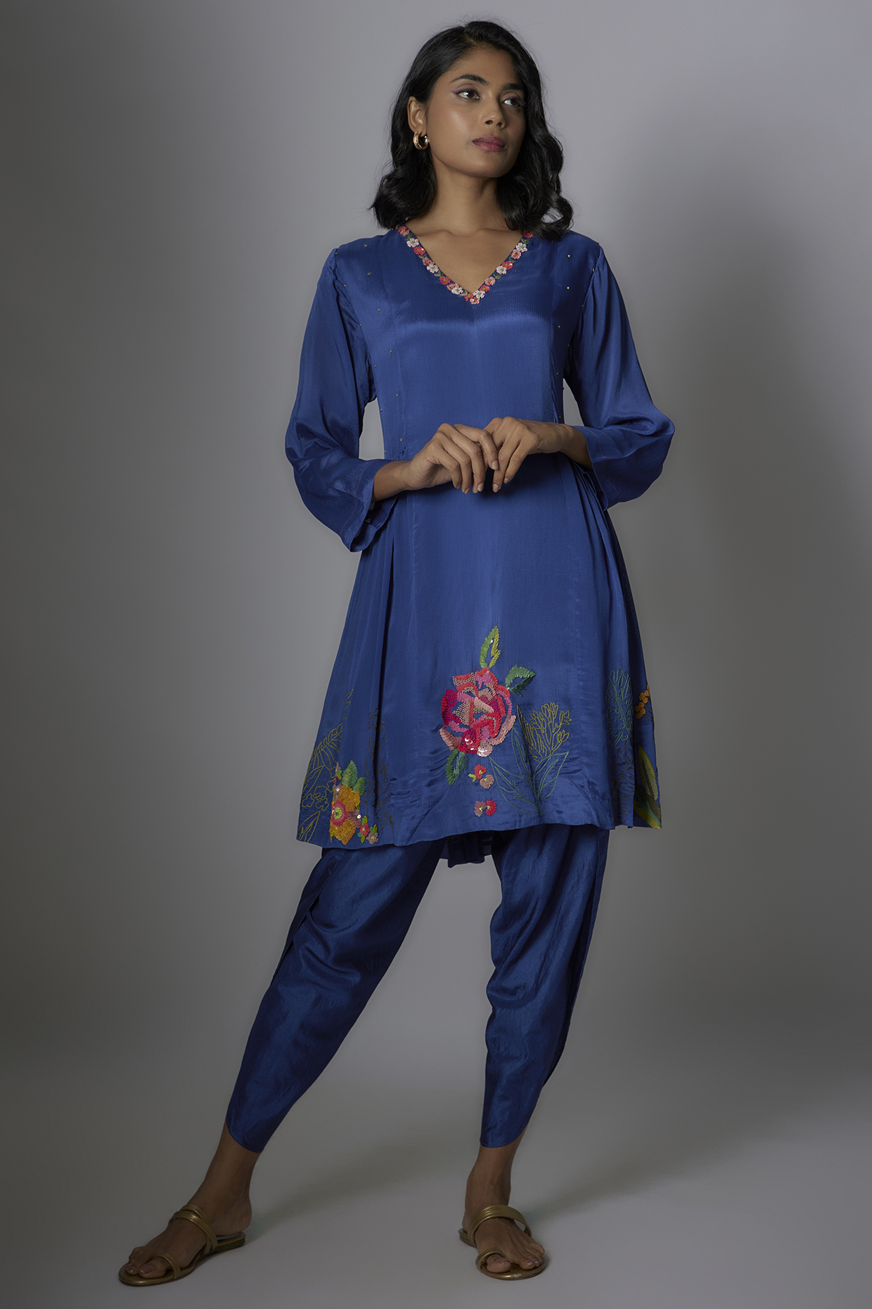 Blue Crepe Chiffon Hand Embroidered Kurta Set by Half Full Curve at Pernia's Pop Up Shop