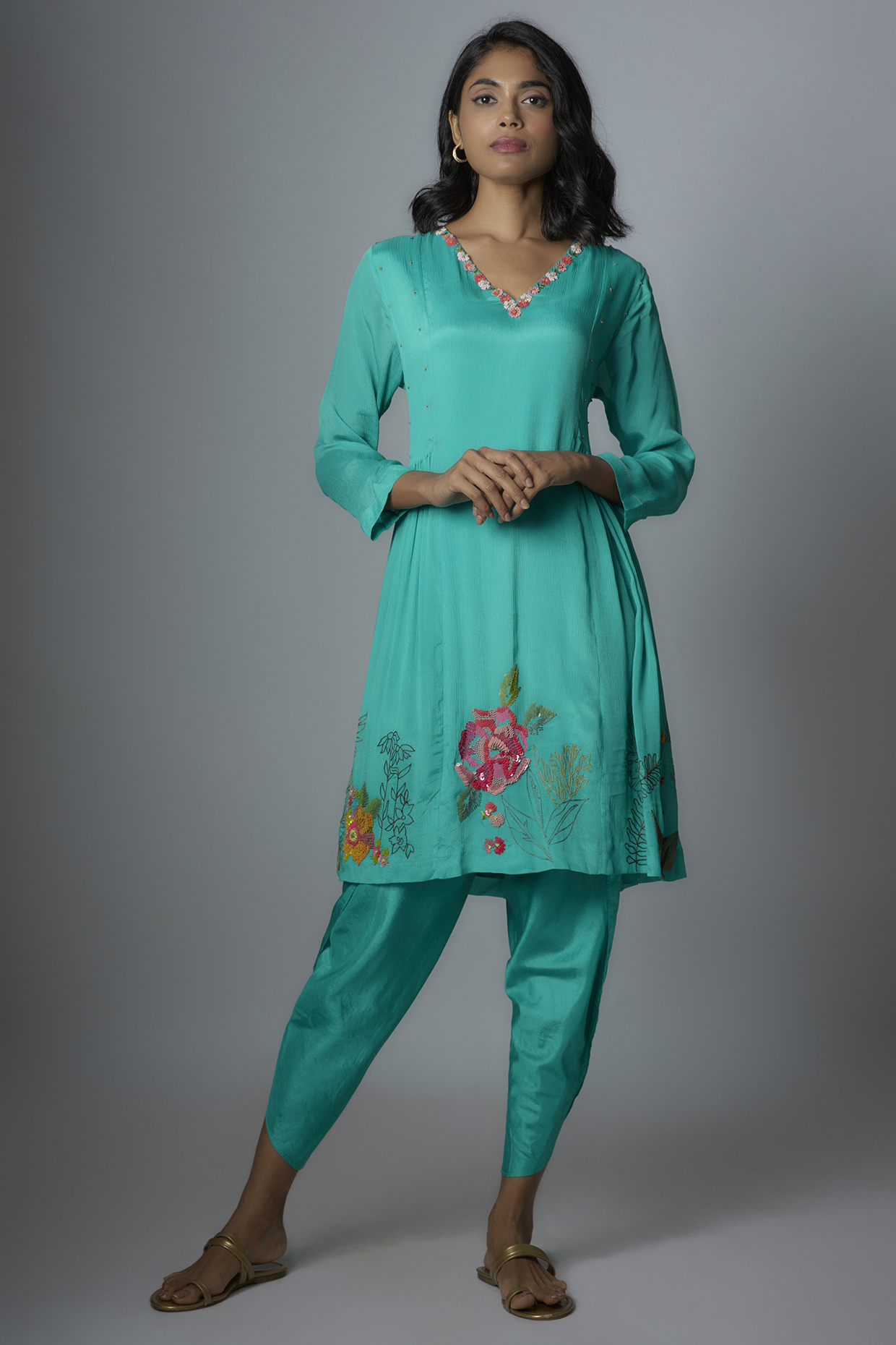 Blue Crepe Chiffon Hand Embroidered Kurta Set by Half Full Curve at Pernia's Pop Up Shop