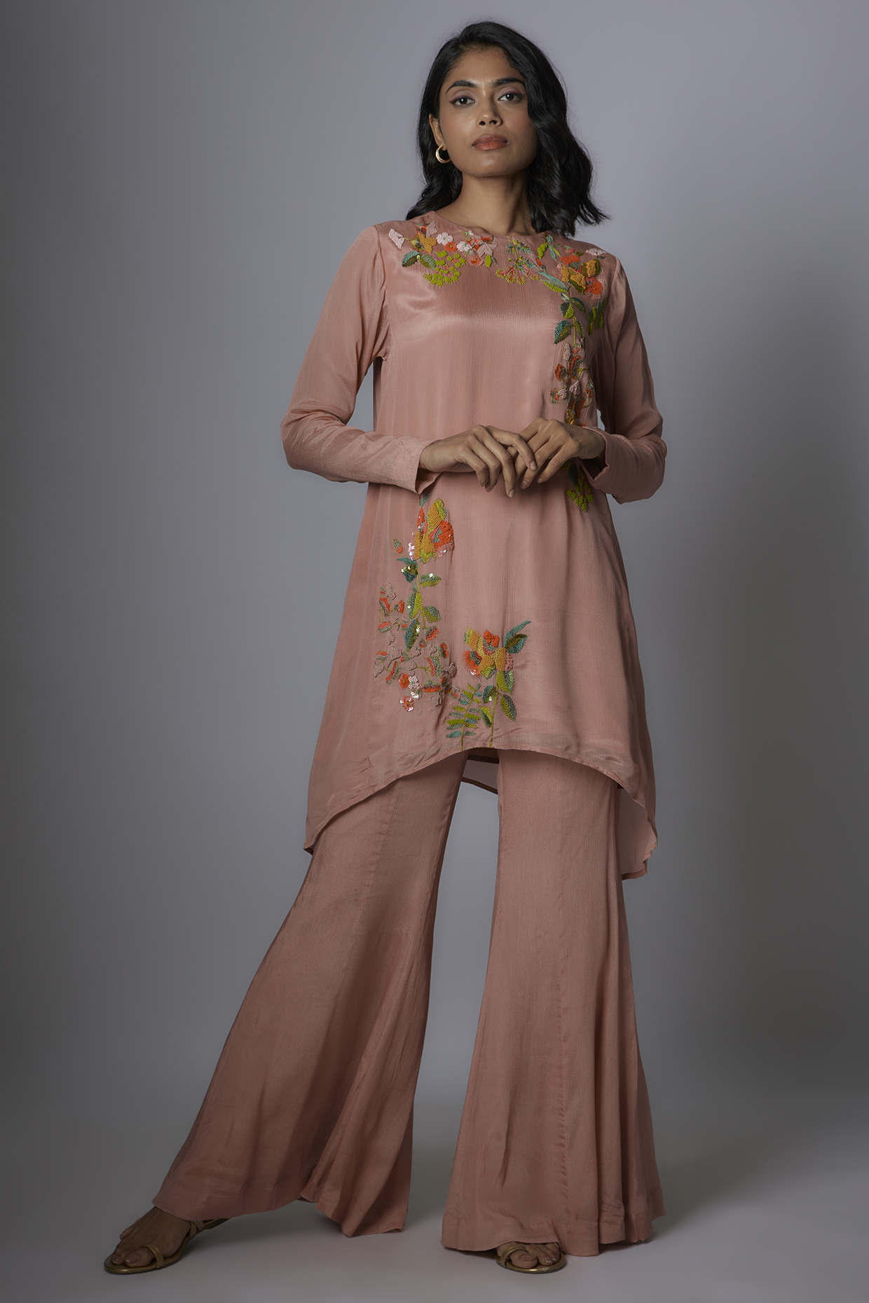 Pink Crepe Chiffon Hand Embroidered Kurta Set by Half Full Curve at Pernia's Pop Up Shop