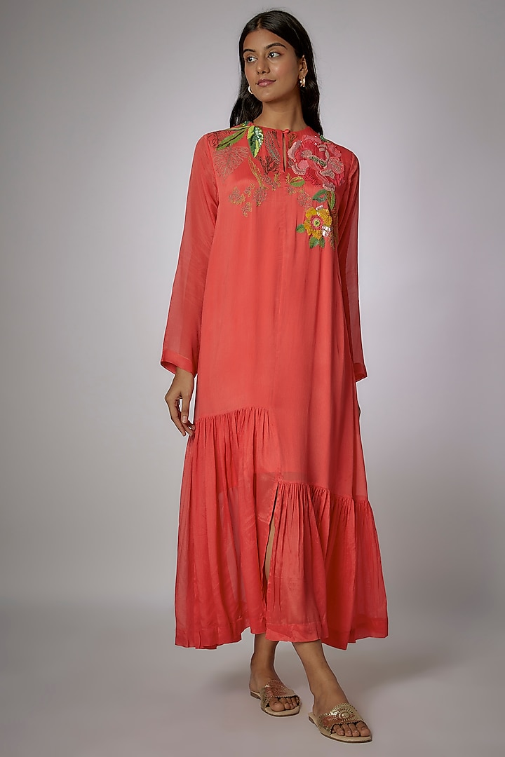 Coral Crepe Chiffon Hand Embroidered Flapper Dress by Half Full Curve