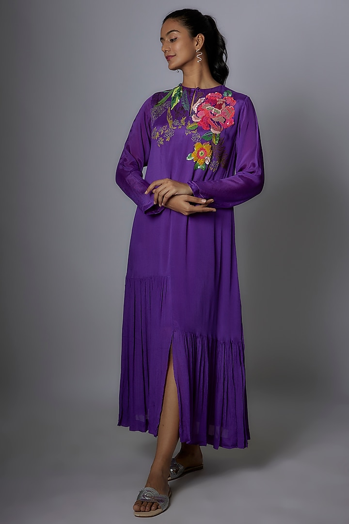 Purple Crepe Chiffon Hand Embroidered Flapper Dress by Half Full Curve