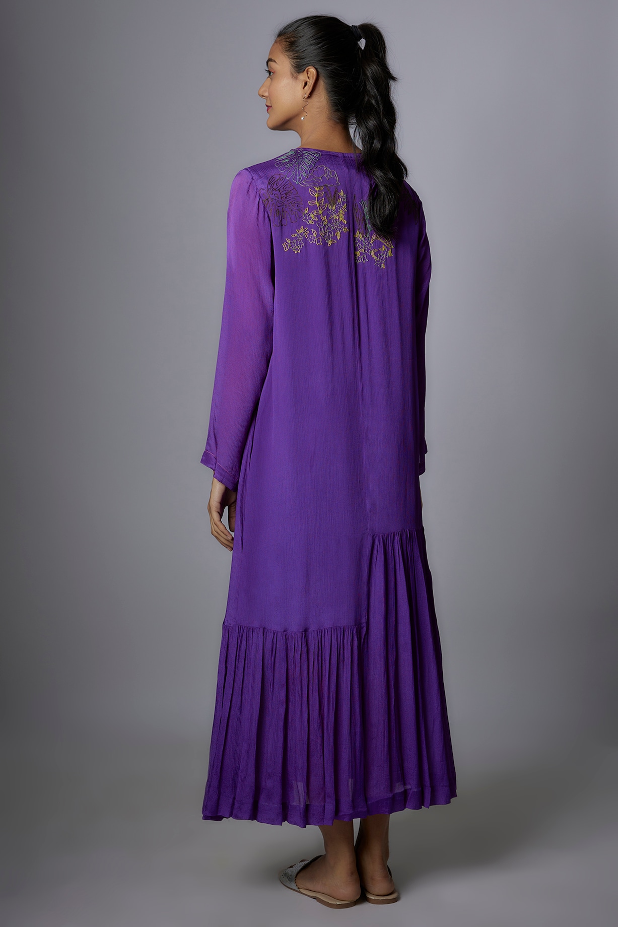 Purple Crepe Chiffon Hand Embroidered Flapper Dress by Half Full