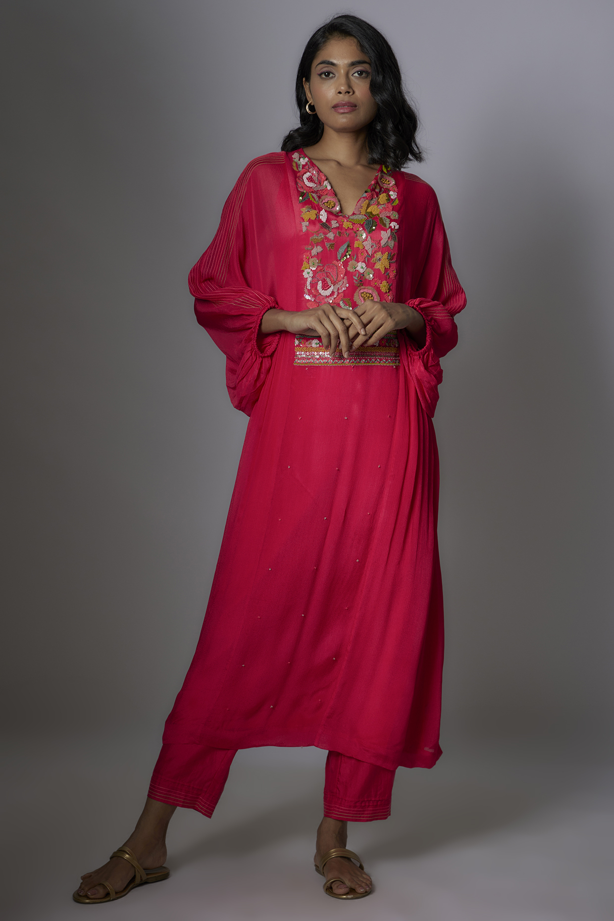 Pink Crepe Chiffon Hand Embroidered Kurta Set by Half Full Curve at Pernia's Pop Up Shop