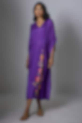 Purple Crepe Chiffon Hand Embroidered Midi Dress by Half Full Curve