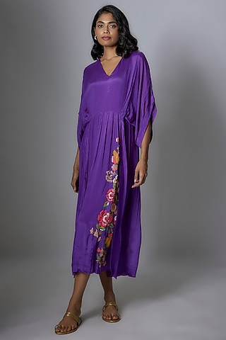 Purple Crepe Chiffon Hand Embroidered Midi Dress by Half Full Curve