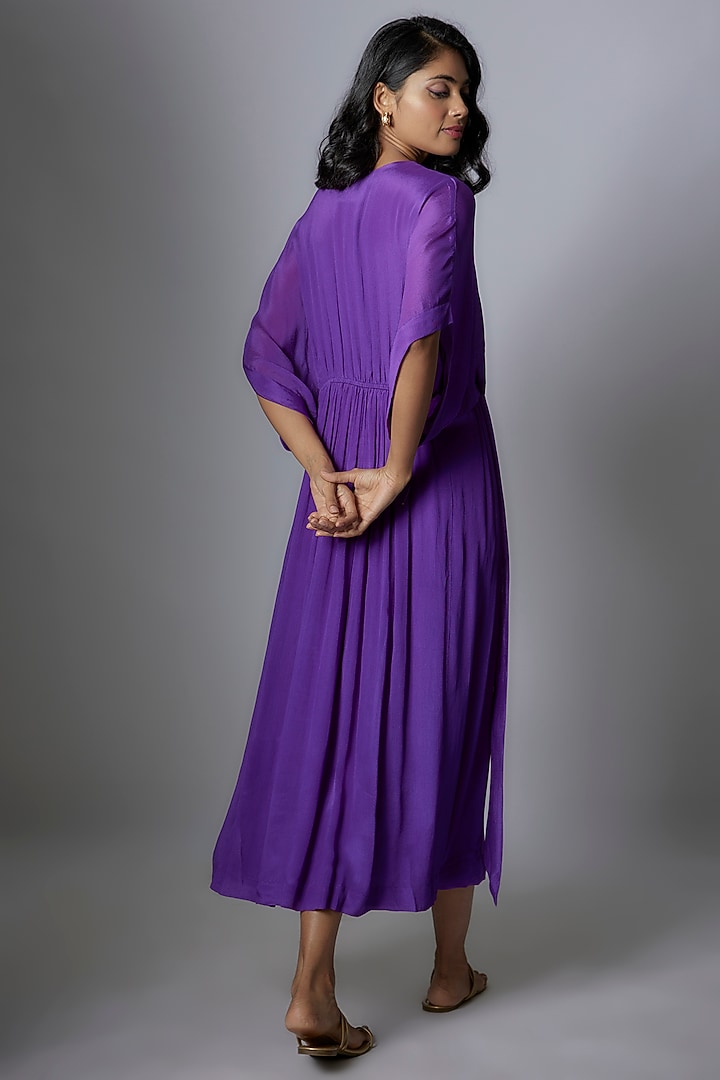 Purple Crepe Chiffon Hand Embroidered Midi Vacation Dress by Half Full Curve at Pernia's Pop Up Shop