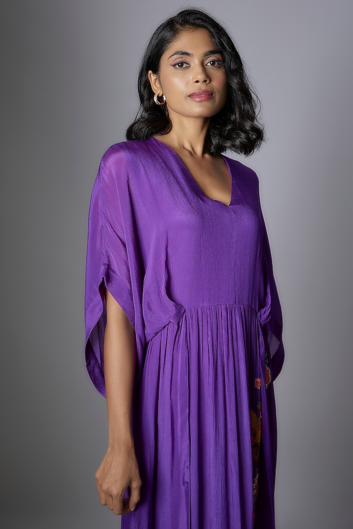 Purple Crepe Chiffon Hand Embroidered Midi Vacation Dress by Half Full Curve at Pernia's Pop Up Shop