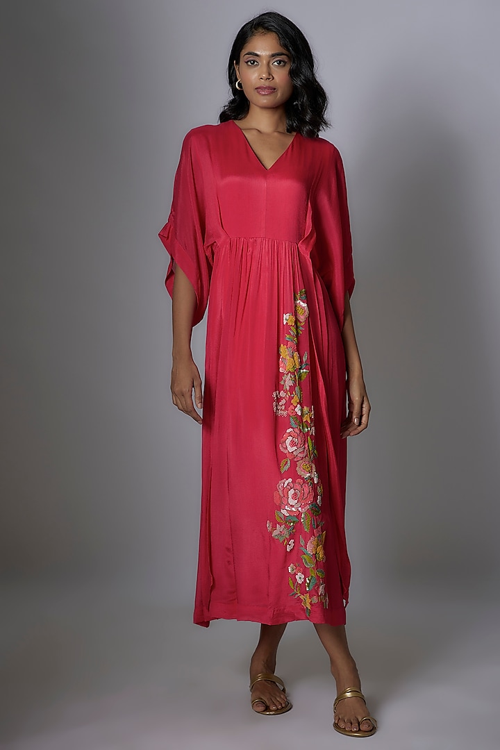 Pink Crepe Chiffon Hand Embroidered Midi Dress by Half Full Curve
