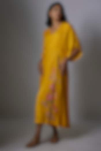 Yellow Crepe Chiffon Hand Embroidered Midi Dress by Half Full Curve at Pernia's Pop Up Shop