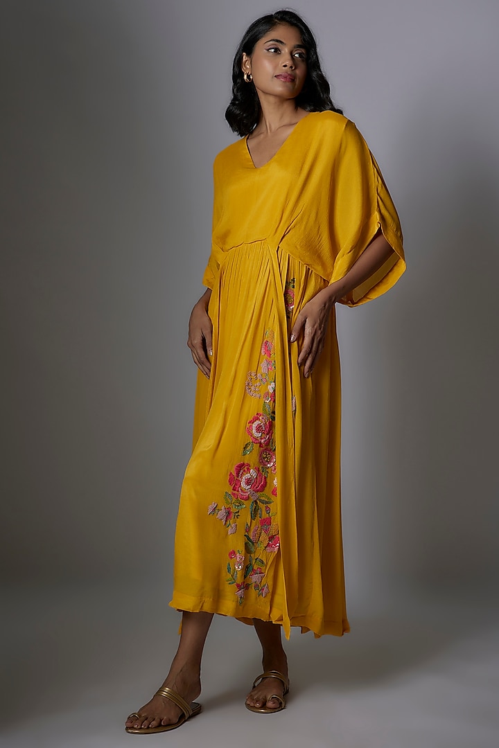 Yellow Crepe Chiffon Hand Embroidered Midi Dress by Half Full Curve at Pernia's Pop Up Shop