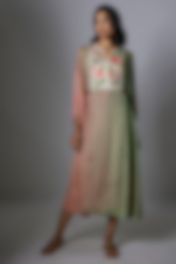 Pink & Grey Crepe Chiffon Hand Embroidered Gathered Vacation Dress by Half Full Curve at Pernia's Pop Up Shop