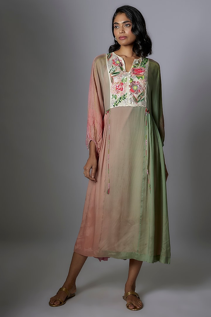 Pink & Grey Crepe Chiffon Hand Embroidered Gathered Vacation Dress by Half Full Curve at Pernia's Pop Up Shop