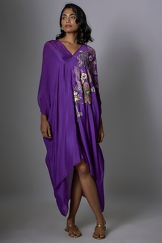 Purple Crepe Chiffon Foliage Embroidered Drape Midi Dress by Half Full Curve