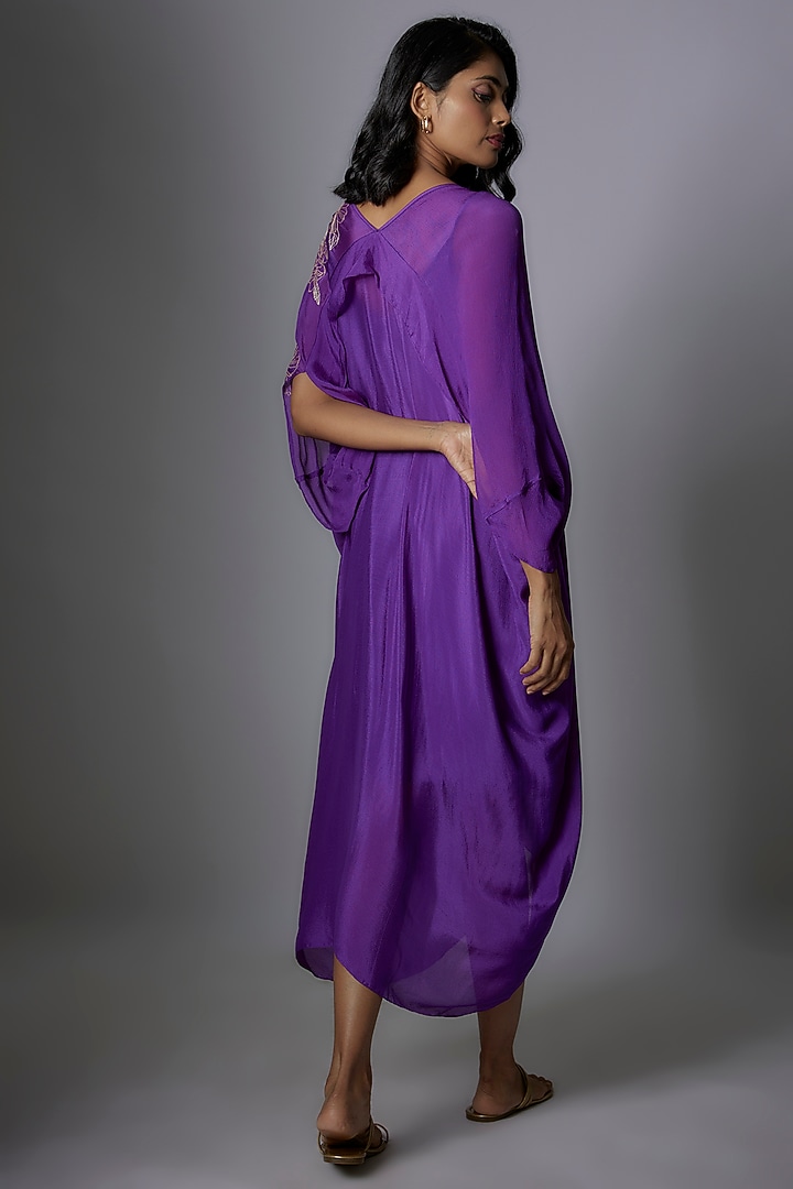 Purple Crepe Chiffon Foliage Embroidered Drape Midi Vacation Dress by Half Full Curve at Pernia's Pop Up Shop
