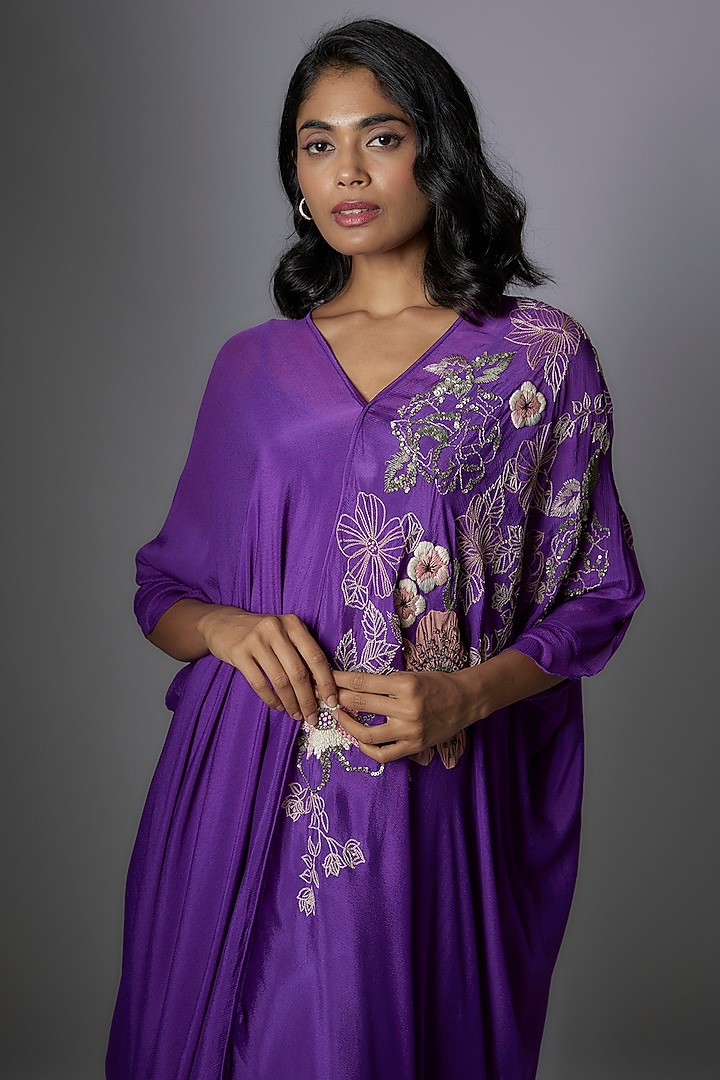 Purple Crepe Chiffon Foliage Embroidered Drape Midi Vacation Dress by Half Full Curve at Pernia's Pop Up Shop